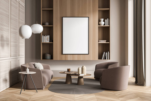 Framed mockup canvas in modern brown living room interior with a stylish shelf, two lamps, a coffee table combination and a sofa with armchairs. Parquet. A concept of on trend design. 3d rendering - Foto, immagini