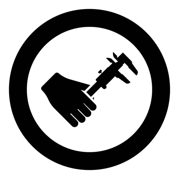 Коліщатко в руці Калібр в руці Вимірювальний пристрій Вимірювання використання значка в колі круглого чорного кольору Векторні ілюстрації суцільного контуру стилю простого зображення
 - Вектор, зображення