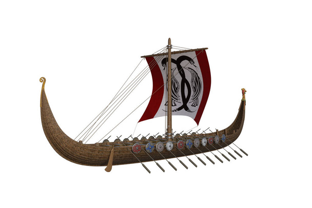Vikingský válečný člun s plachtami a batohy izolovanými na bílém pozadí. Obrázek 3D vykreslování. - Fotografie, Obrázek