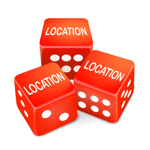 location words on three red dice - Vetor, Imagem
