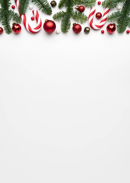 Christmas background with decorative border of Christmas tree decorations. Festive design with place for text - Photo, Image