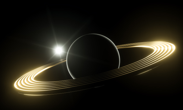 3d render. Bright luminous planet with rings on the outer space. Science fiction concept. - Photo, Image
