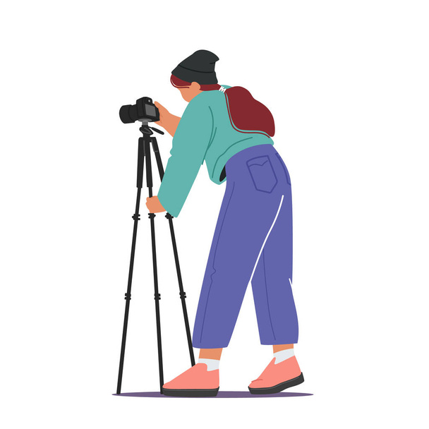 Professional Photography Concept. Female Photographer with Photo Camera on Tripod Making Pictures Isolated on White - Vector, Image