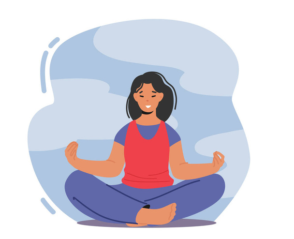 Harmony, Yoga Meditation on Nature Concept. Woman Meditating in Lotus Pose, Female Character Enjoying Relaxation - Vektori, kuva