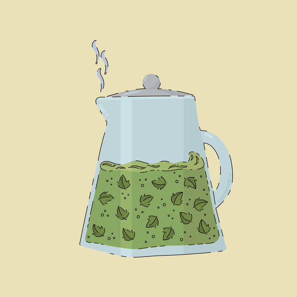 Green, herbal tea in a teapot. A glass vessel with green leaves and a decoction. Cartoon poster Teapot with tea tea time. Vector illustration drawn by hand. - Vektor, Bild