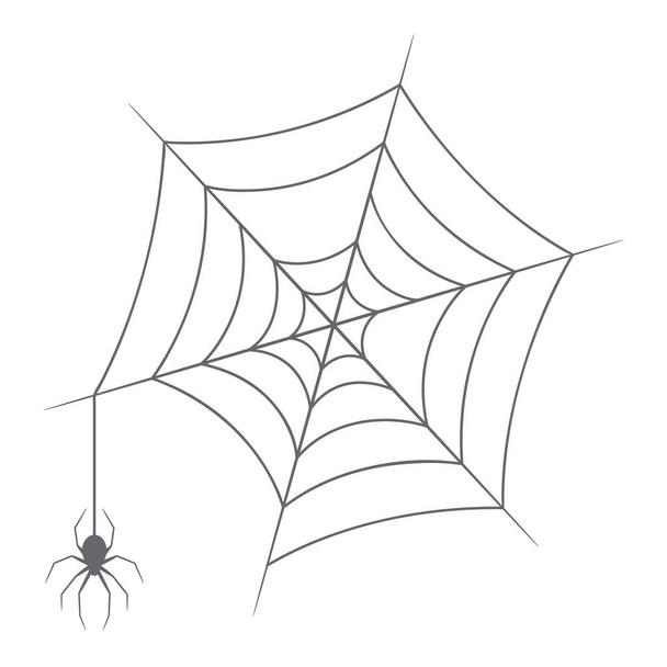 Spider Web Icon, Grey Round Spiderweb With Hanging Spider, Halloween Design Element, Creepy Cobweb Separated on Segments - Вектор, зображення