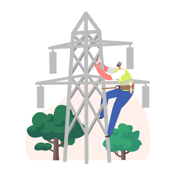 Electrician Worker Character Climbing on Power Line for Repairing. Electrical Facilities Concept with Repairman Engineer - Vector, Image