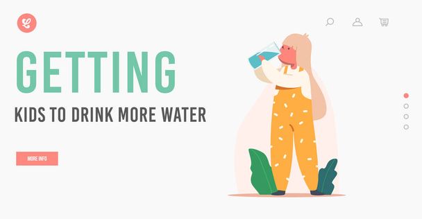Baby Drinking Clean Water Landing Page Template. Little Child Character with Glass in Hands Enjoying Fresh Aqua Drink - Vector, Image