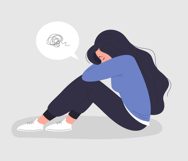 Депрессивная женщина сидит с опущенной головой - Вектор,изображение