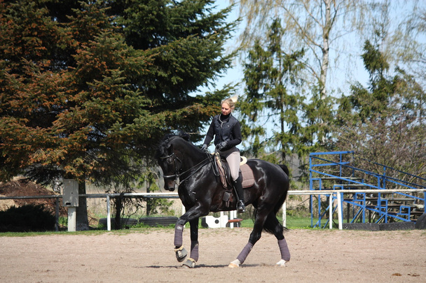 Mujer rubia montando caballo negro
 - Foto, imagen