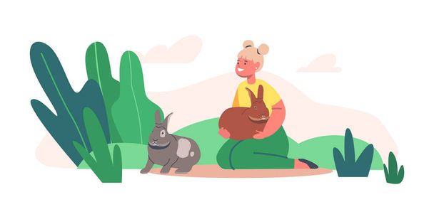 Счастливый детский персонаж играет и кормит милых кроликов в контактном зоопарке. Уход за животными для девочек, экскурсия в деревню - Вектор,изображение