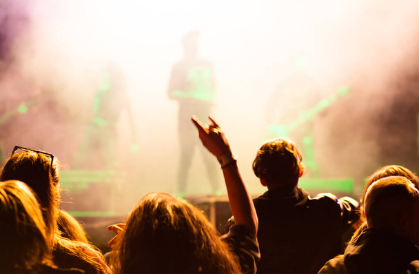 Konserdeki kalabalık ve sahne ışıklarındaki siluetler - Fotoğraf, Görsel