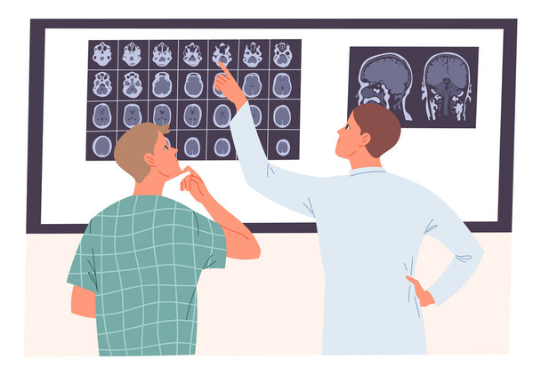 Médico y paciente mirando una resonancia magnética del cerebro - Vector, Imagen