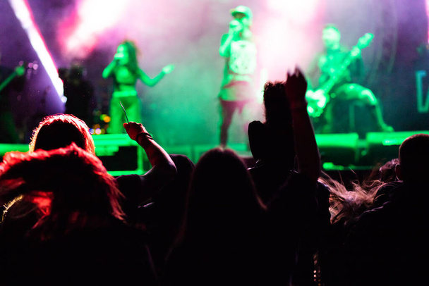 menigte bij concert en silhouetten in podiumlicht - Foto, afbeelding