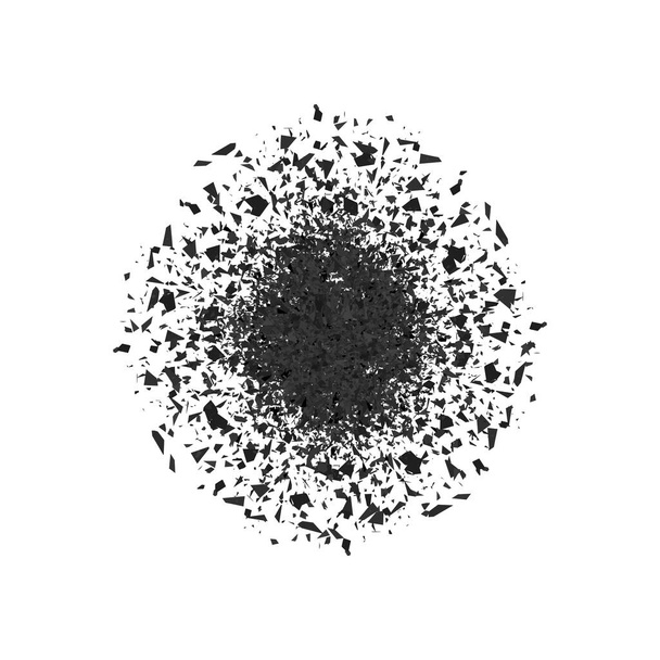 Explosion Wolke von schwarzen Stücken auf grauem Hintergrund. Scharfe Teilchen fliegen zufällig durch die Luft. Große Explosion - Vektor, Bild