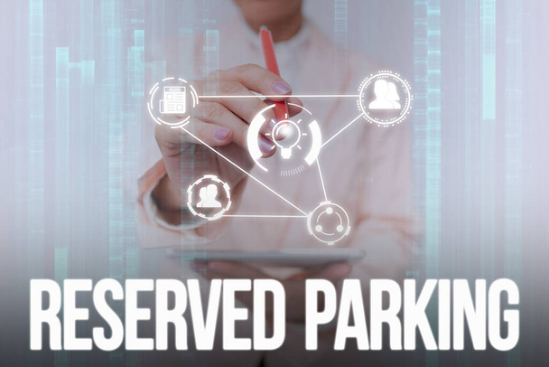 Text showing inspiration Reserved Parking. Word Written on parking spaces that are reserved for specific individuals Lady In Uniform Touching And Using Futuristic Holographic Technology. - Photo, Image