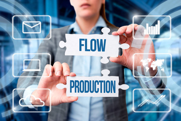 Tekst pisma: Flow Production. Pozycje pomysłów biznesowych są produkowane od jednego etapu przetwarzania do następnego Business Woman Holding Puzzle Piece Odblokowanie New Futuristic Tech. - Zdjęcie, obraz