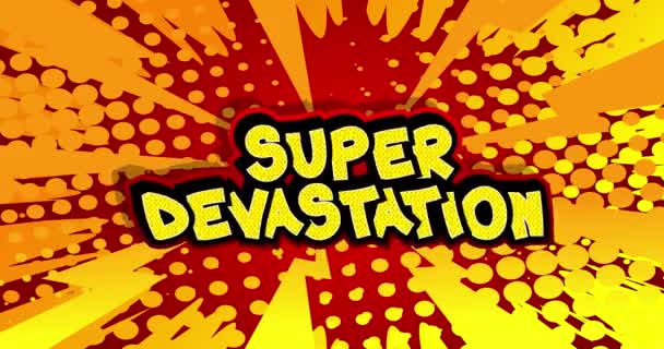 Super Devastation. Motion poster. 4k animated red Comic book word text moving back and forth on abstract comics background. Retro pop art style. - Footage, Video