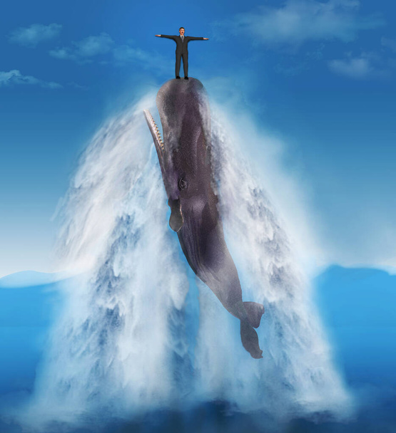 ビジネススーツの男は、予期せぬ困難と対処することをテーマにした3Dイラストで跳躍精子クジラの鼻に乗ります.  - 写真・画像
