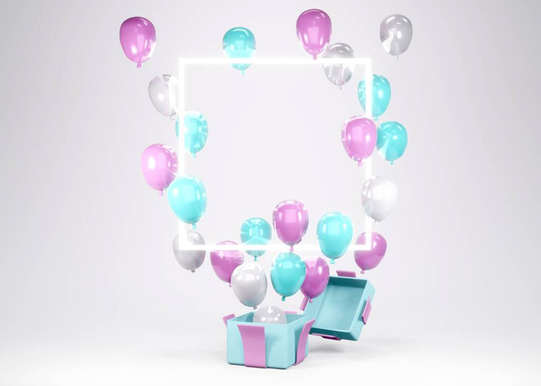 3D Representación rosa azul globo flotando de la caja de regalo con espacio para el texto en el concepto de fondo de género revelar, boda, cumpleaños, fiesta invitación tarjeta plantilla. - Foto, imagen