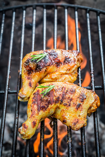 Roasted chicken legs on the old grill - 写真・画像