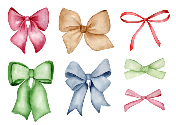 Color ribbon bow set. Watercolor Christmas decoration element. Girl hair accessory clipart. - Photo, Image