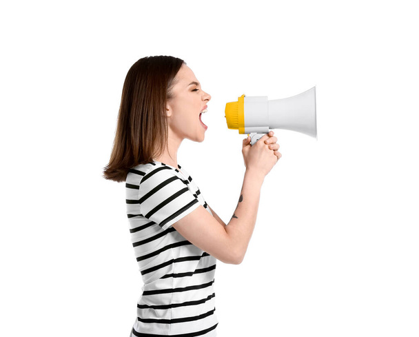 Protesting woman with megaphone on white background - Fotoğraf, Görsel