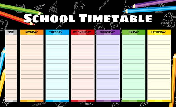 Еженедельное школьное расписание, наброски школьных принадлежностей, карандаши на доске. Расписание векторных шаблонов, стиль мультфильма - Вектор,изображение