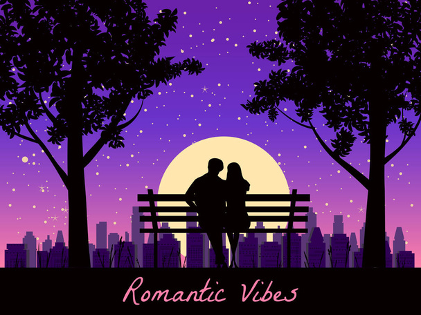 Romantique Vibes Couple amoureux sur banc dans le parc, sous les arbres. Coucher de soleil, nuit, étoiles. Illustration vectorielle Happy Valentines Day, silhouette - Vecteur, image