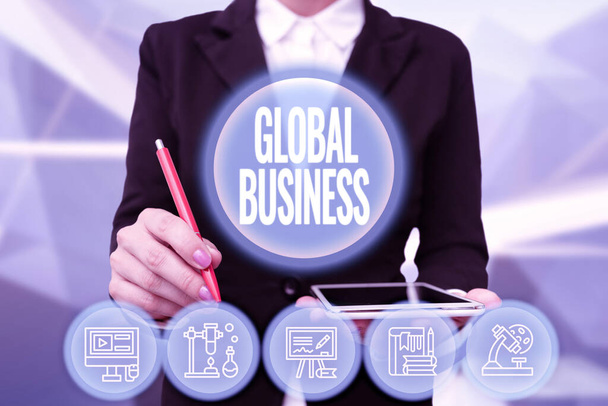 Conceptual caption Global Business. Business idea Trade and business system a company doing across the world Lady In Uniform Holding Tablet In Hand Virtually Typing Futuristic Tech. - Photo, Image