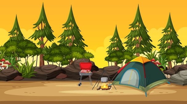 Lege park scene bij zonsondergang tijd met tent camping illustratie - Vector, afbeelding