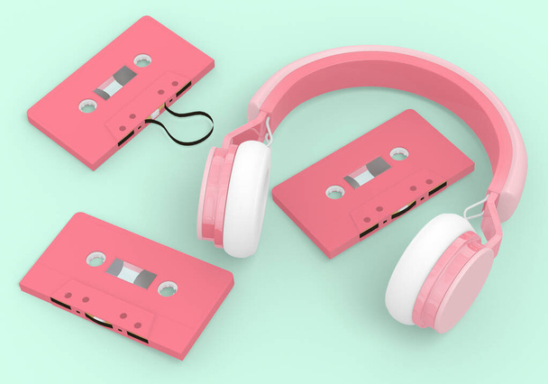 auriculares inalámbricos y cintas de cassette retro en fondo verde, renderizado 3D - Foto, imagen