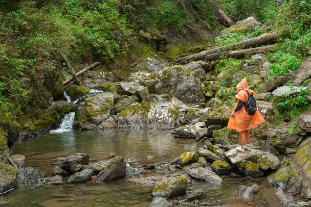 A woman in an orange raincoat stands in the forest by a mountain river in rainy weather. - Foto, afbeelding