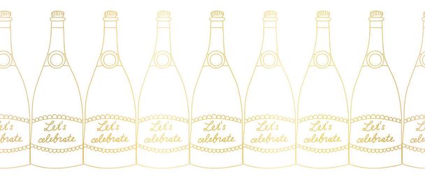 Arany pezsgős üvegek zökkenőmentes vektor határ művészet. Kézzel rajzolt elegáns pezsgő alkohol palack vízszintes ismétlődő minta fém arany fólia party meghívó, ünneplés, ünnep, lábbelik - Vektor, kép