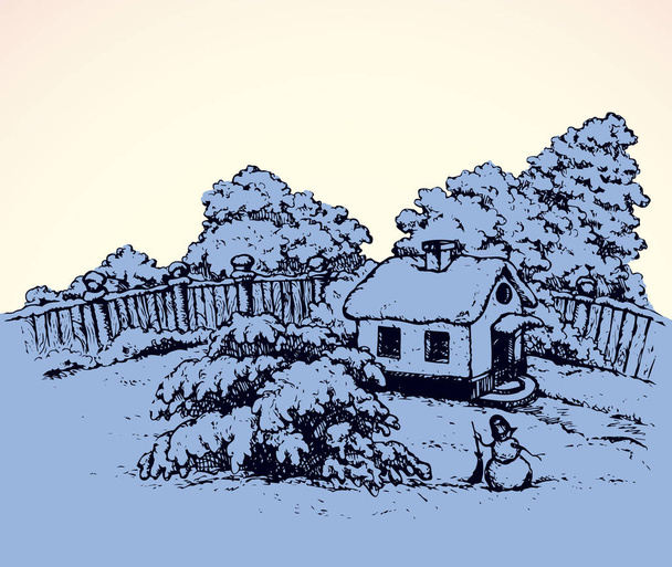 Cute cozy wooden chalet edifice isolated on light backdrop. Freehand outline black ink hand drawn picture sketchy in art retro doodle graphic style. Scenic view with space for text on evening sky - Vector, Image