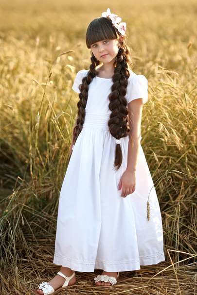 portrait of a beautiful little girl in a field - 写真・画像