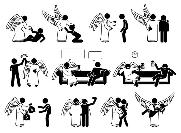God angel and human stick figure pictogram icons. Vector illustrations depict angel helping, rescue, save, support, giving advice, love, and romance with human. - Vector, Image