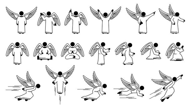 Dio angelo pose di base e azioni personaggi disegni bastone figura pittogramma icone. Illustrazioni vettoriali raffigurano una serie di angeli con pose, posizioni, azioni e movimenti diversi.  - Vettoriali, immagini