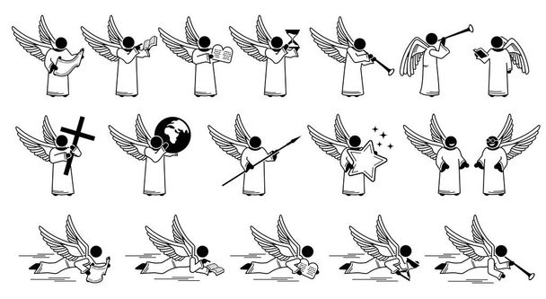 Dios ángel sosteniendo llevando diferentes objetos pegan iconos de pictograma figura. Ilustraciones vectoriales de ángeles sosteniendo pergamino, biblia, diez mandamientos, reloj de arena, trompeta, estrella, cruz de Cristo y lanza.  - Vector, Imagen