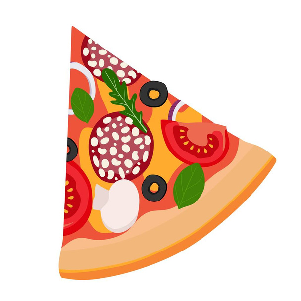 Egy szelet pizza szalámis hagymás paradicsommal és olívabogyóval. Vektor illusztráció. Matricák, plakátok, képeslapok, weboldalak koncepciója  - Vektor, kép