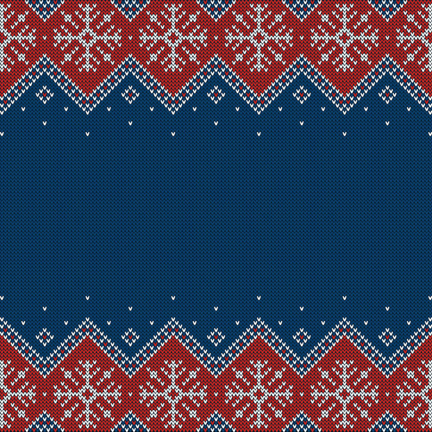 Knitted background with snowflakes and copyspace. Blue, red and white pattern for Christmas, New Year or winter design. Sweater  border ornaments and place for text. Vector illustration - Vetor, Imagem