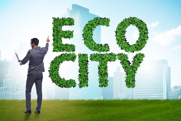 Eco πόλη στην οικολογία έννοια με επιχειρηματία - Φωτογραφία, εικόνα