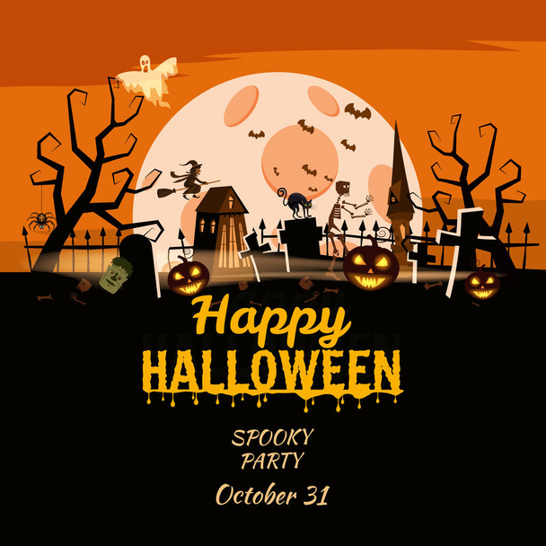 Boldog Halloween plakátot, ijesztő mosolyt sütőtök, éjszakai temető, kísértetház, szellem, boszorkány, fekete macska, telihold. Vektor illusztráció rajzfilm stílusú banner - Vektor, kép
