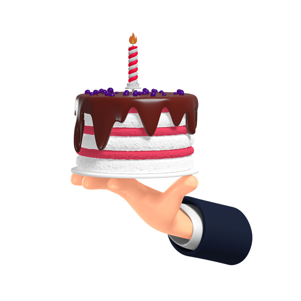3d bianco e rosa con torta di compleanno glassa al cioccolato in mano, illustrazione isolata su sfondo bianco, rendering 3D - Foto, immagini