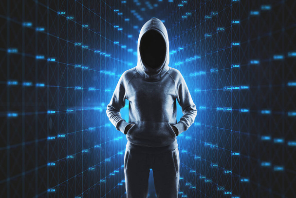 Hacker standing on abstract glowing blue cyber big data background. Technology, theft and innovation concept - Foto, Bild