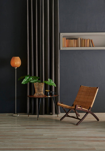 Šedá kamenná zeď s pojetím židle a výklenkem, oranžová lampa, černá opona a váza rostlinného stylu, interiérový styl. - Fotografie, Obrázek