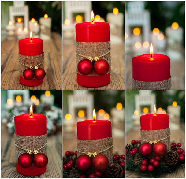 Червоні різдвяні свічки та прикраси на розмитому фоні
 - Фото, зображення