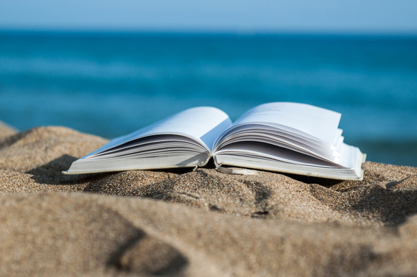 βιβλίο στην παραλία κατά τη διάρκεια του καλοκαιριού κοντά στη θάλασσα - Φωτογραφία, εικόνα