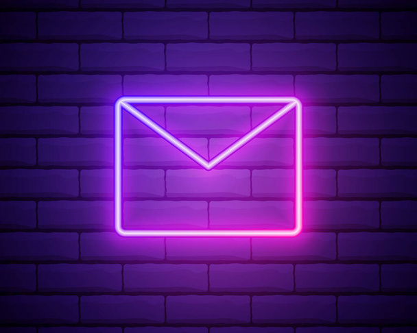 Świecąca neon linia Poczta i e-mail ikona izolowane na tle cegły ściany. E-mail z symbolem koperty. Znak wiadomości e-mail. Kolorowy koncept. Wektor. - Wektor, obraz