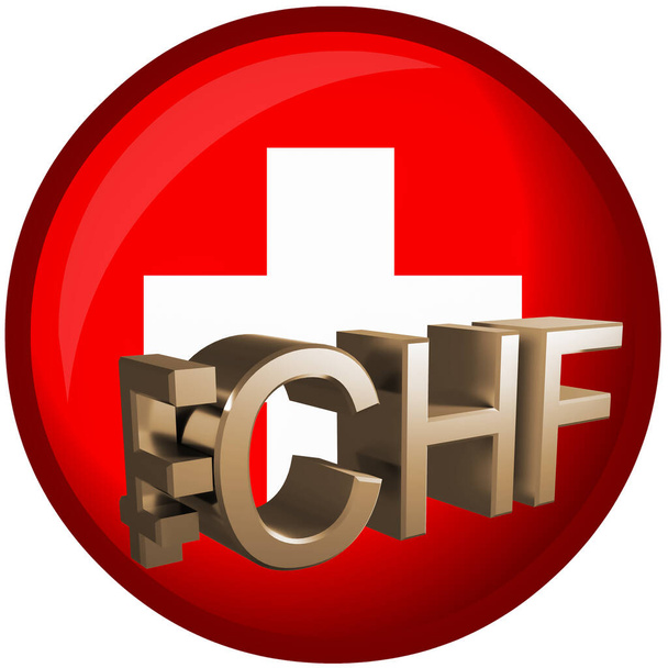 Gilded Swiss franc symbol - CHF against the background of the Switzerland flag. Finance concept. Rendering 3D. Isolated - Foto, Bild